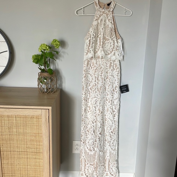Lulus Pants - NWT LULU’s Britney white lace jumpsuit bridal halter XS